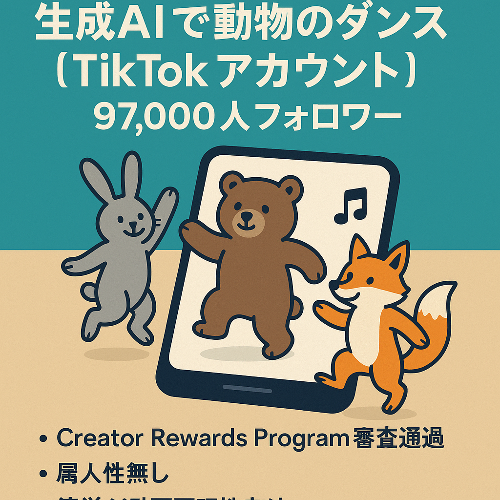 生成AIで作成した動物のダンスC R P審査通過済みTikTokアカウント97000人フォロワー