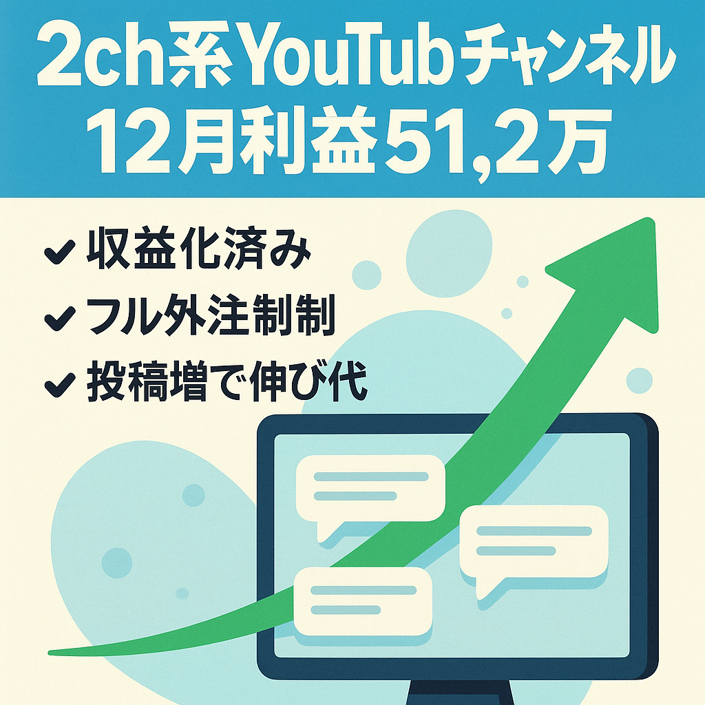 【12月利益 51.2万！】２ch系Youtubeチャンネル【フル外注可】