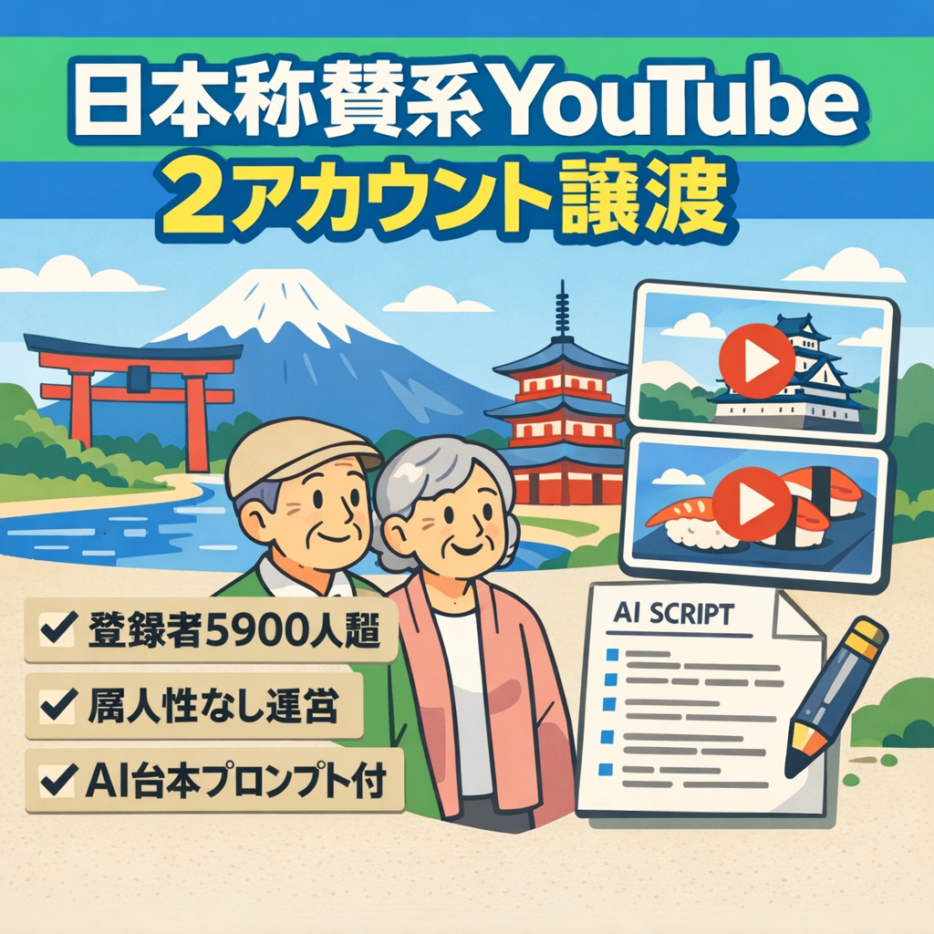 【合計登録者5,900人超え！】2アカウント譲渡！高齢者向けに強い日本称賛系YouTubeチャンネル、非属人！