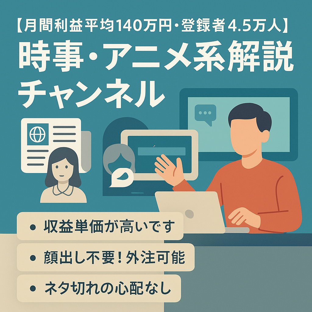 【月間利益平均140万円・登録者4.5万人】時事系及びアニメ系解説チャンネル【外注可能・非属人】