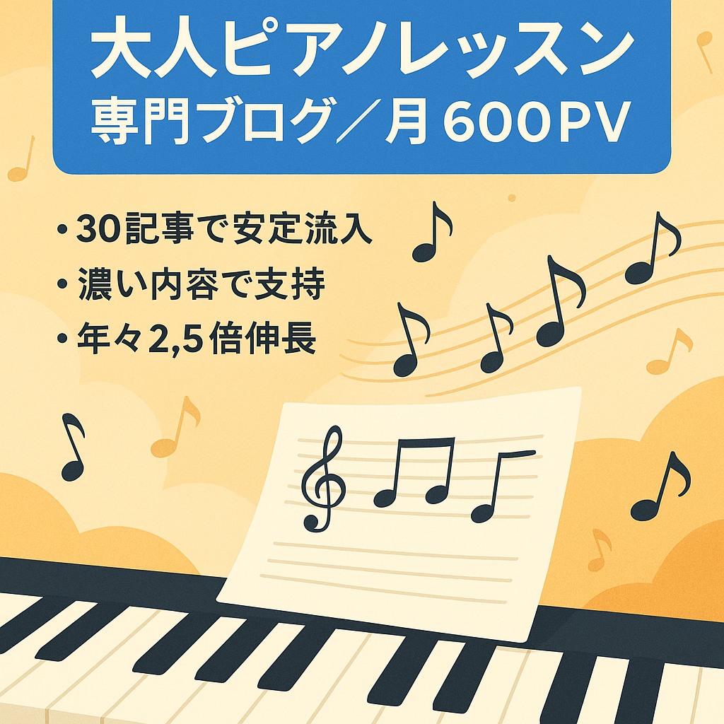 ●30記事でも月600前後の安定アクセス有●大人のピアノレッスンの専門ブログ★今後の記事入れで収益可能性大！