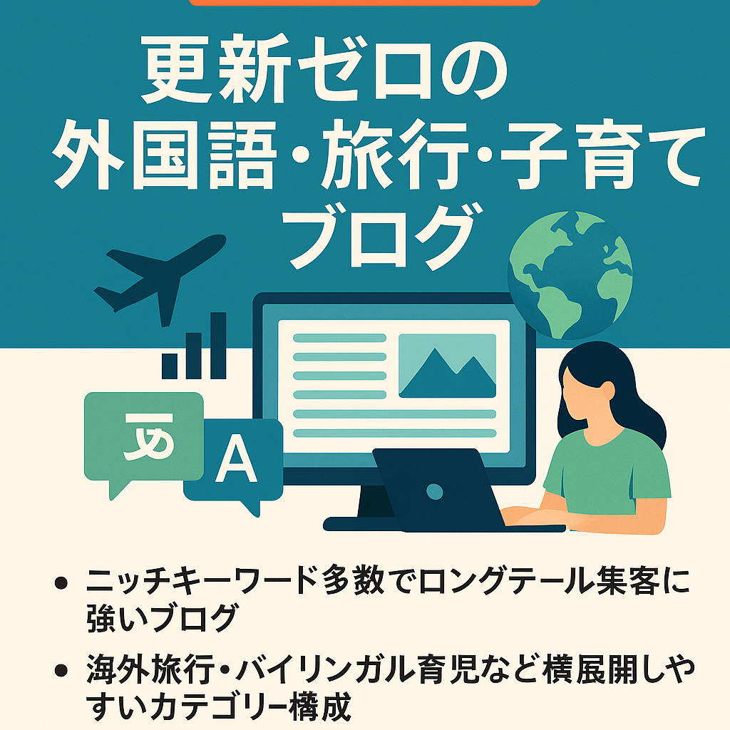 【即決優遇あり】更新ゼロで月1万PV！完全ホワイトSEO×資産記事多数の外国語・旅行・子育てブログ（283記事）