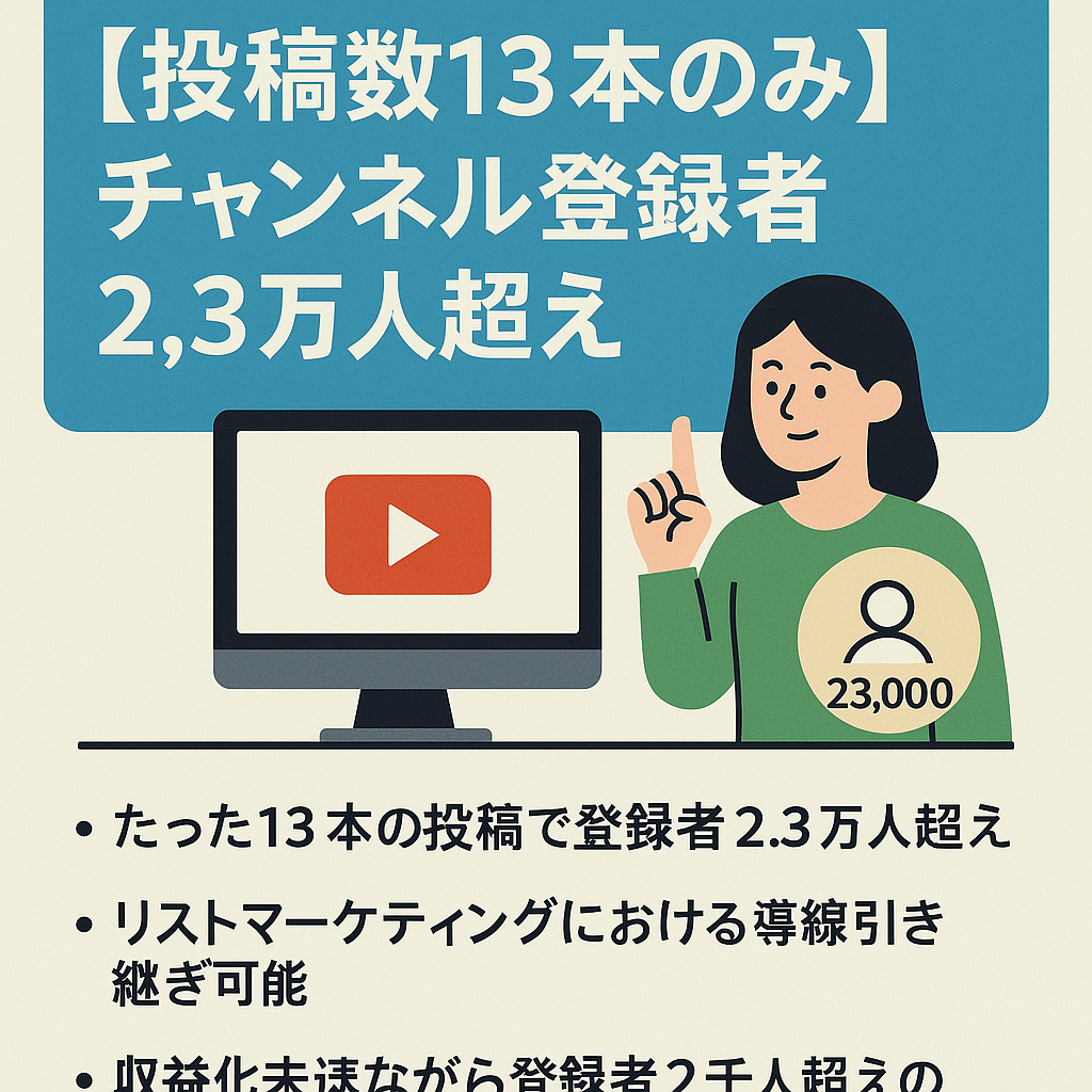 【投稿数13本のみでチャンネル登録者2.3万人超え、収益化済み】直近1年の総売上約40万、副業情報発信系、リストマーケティングでも収益総額350万越え