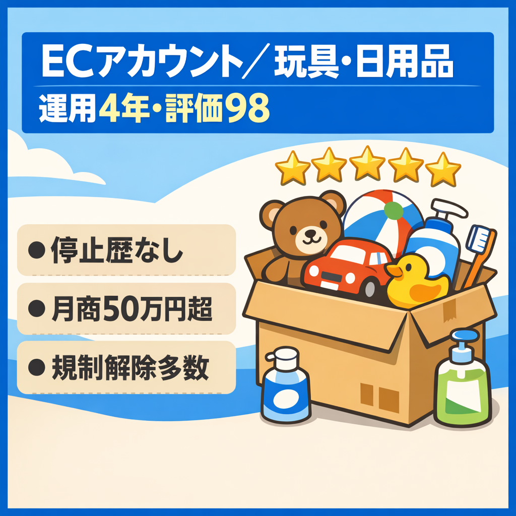 EC事業：おもちゃ・日用品中心の販売実績4年（評価98）☆4.8健全Amazonアカウント｜出品規制解除多数あり