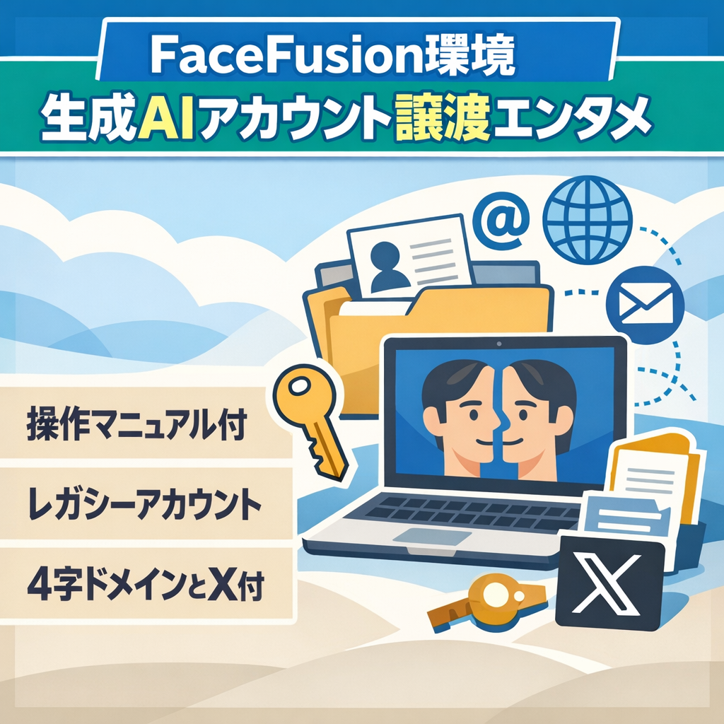 【AIビジネス自動化】FaceFusion独自環境+レガシー生成AI垢・4文字ドメイン（X/TikTok/Google垢付）| エンタメ