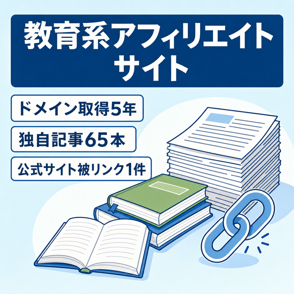 【ドメイン取得後5年経過・65記事】独自記事が豊富な教育系アフィリエイトサイト【公式サイトからの被リンク有】