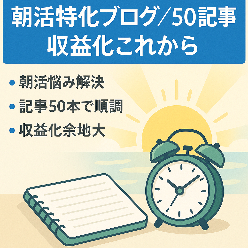 【20%OFF＆記事増強】完全アクティブ運用中。今も成長中の「朝活」特化ブログ(50記事)。収益化フェーズから始めませんか？