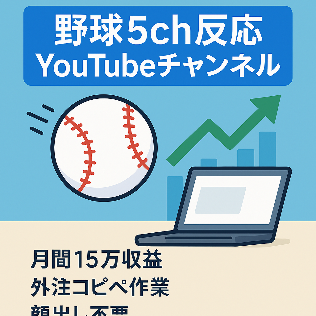 【完全外注済＆コピペで簡単・直近1か月の収益15万円越え】野球5ch反応YouTubeチャンネル【収益も右肩上がり&マニュアル完備】