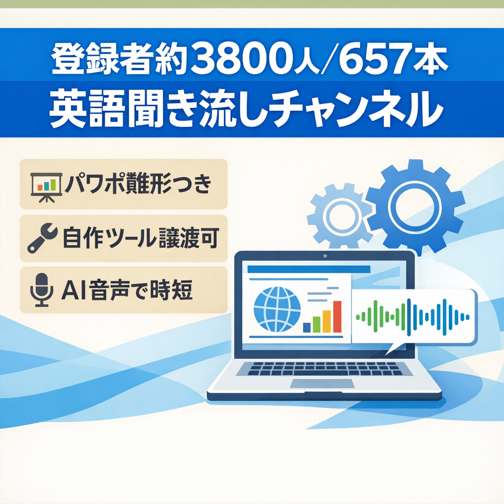 訳あり 健全運営 登録者約3,800人／動画657本 英語聞き流し系チャンネル AI＋自作ツール(譲渡可)で作成効率化