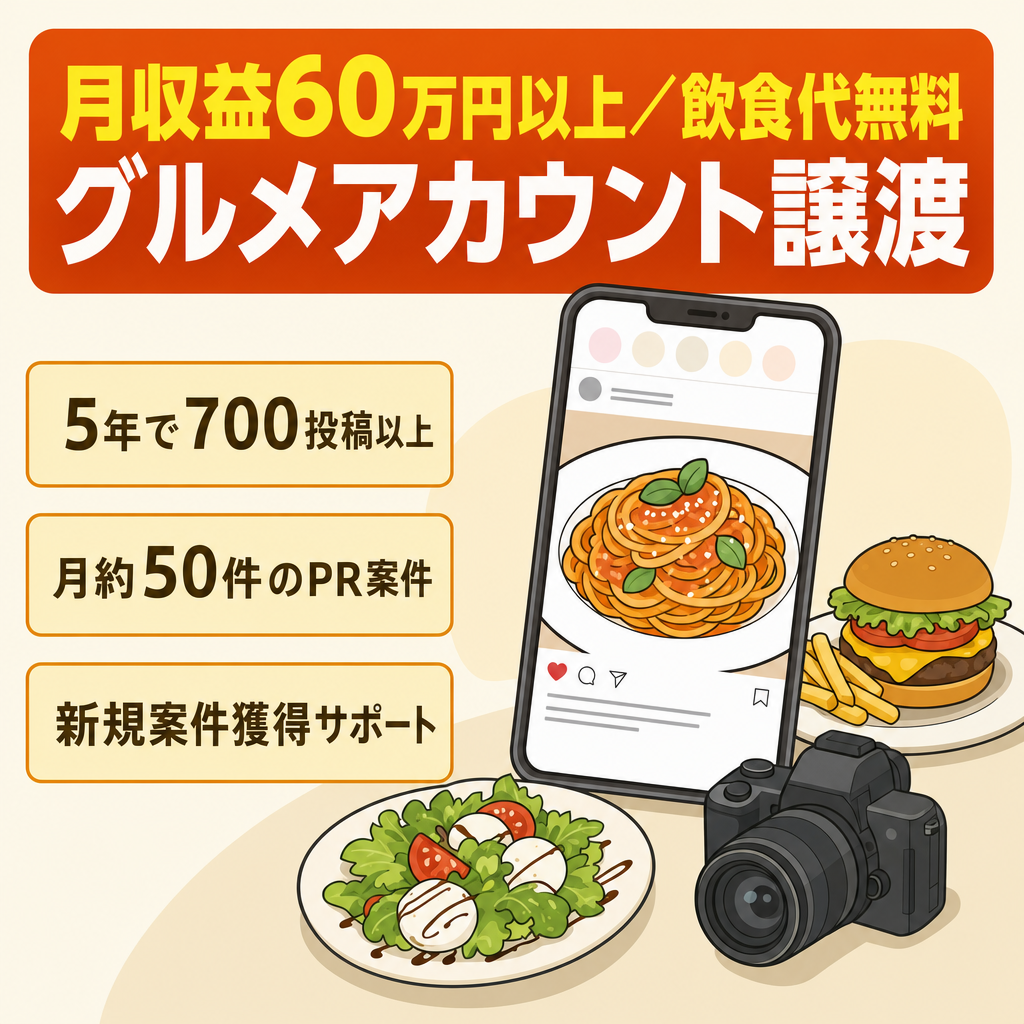 月収益60万円以上＋飲食代無料　グルメアカウント運用の事業譲渡