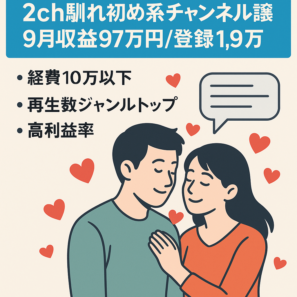 【9月収益97万円・登録者数1.9万人】2ch 馴れ初め系チャンネルの譲渡【経費10万以下のジャンルトップチャンネル】