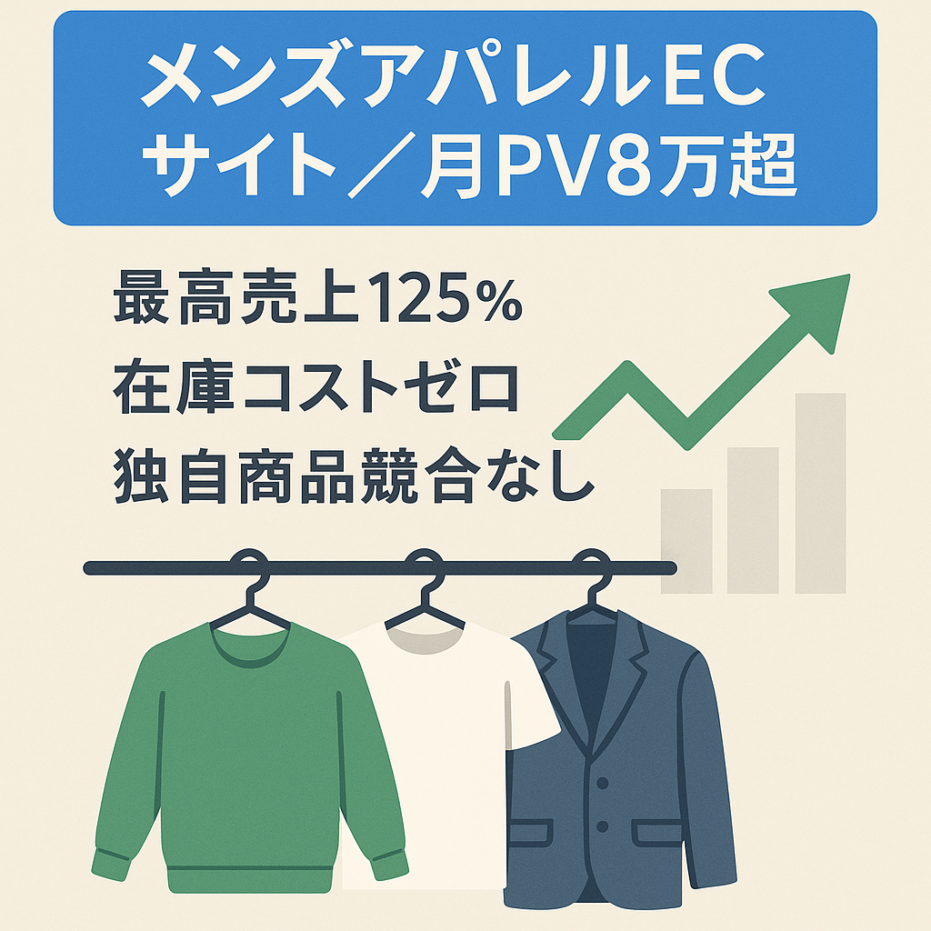 【月間平均PV80,000超】メンズアパレルECサイト・仕組化済・受注販売でキャッシュフローを気にせずに運営できます。