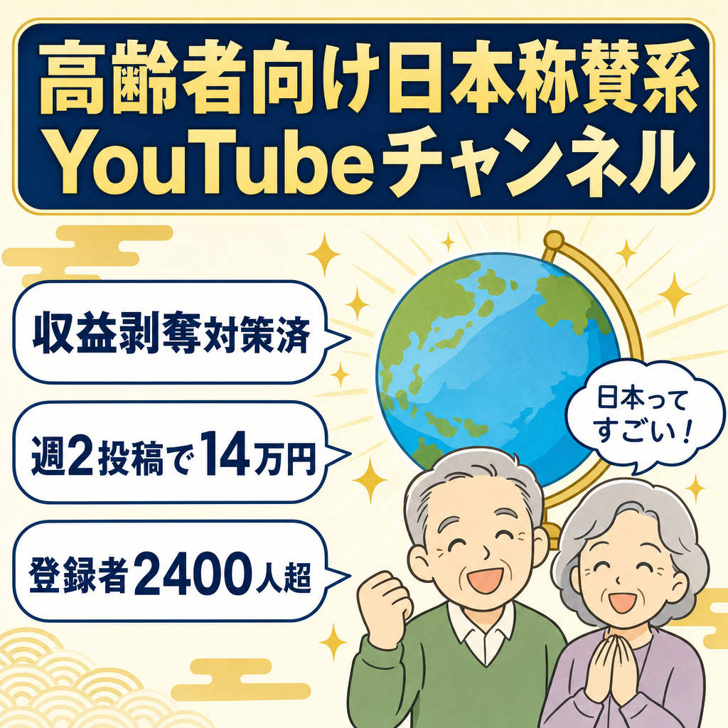 【収益剥奪対策済み】週2投稿で14万円実績｜登録者2400人超えで成長中の高齢者向けに強い日本称賛系YouTubeチャンネル(非属人)