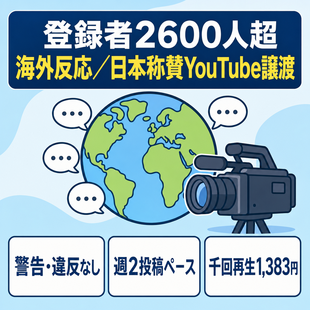 【登録者2600人超え！】海外の反応日本称賛系YouTubeチャンネルの譲渡【警告・違反なし】