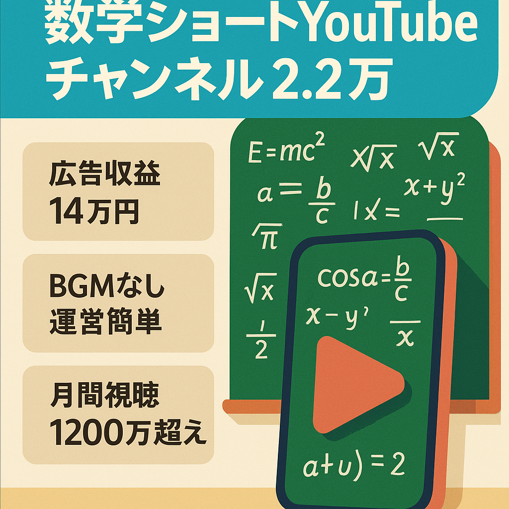 【YouTubeチャンネル登録者2.2万人超え！広告収益のみで14万円！】数学ショート特化チャンネル！【属人性なし】