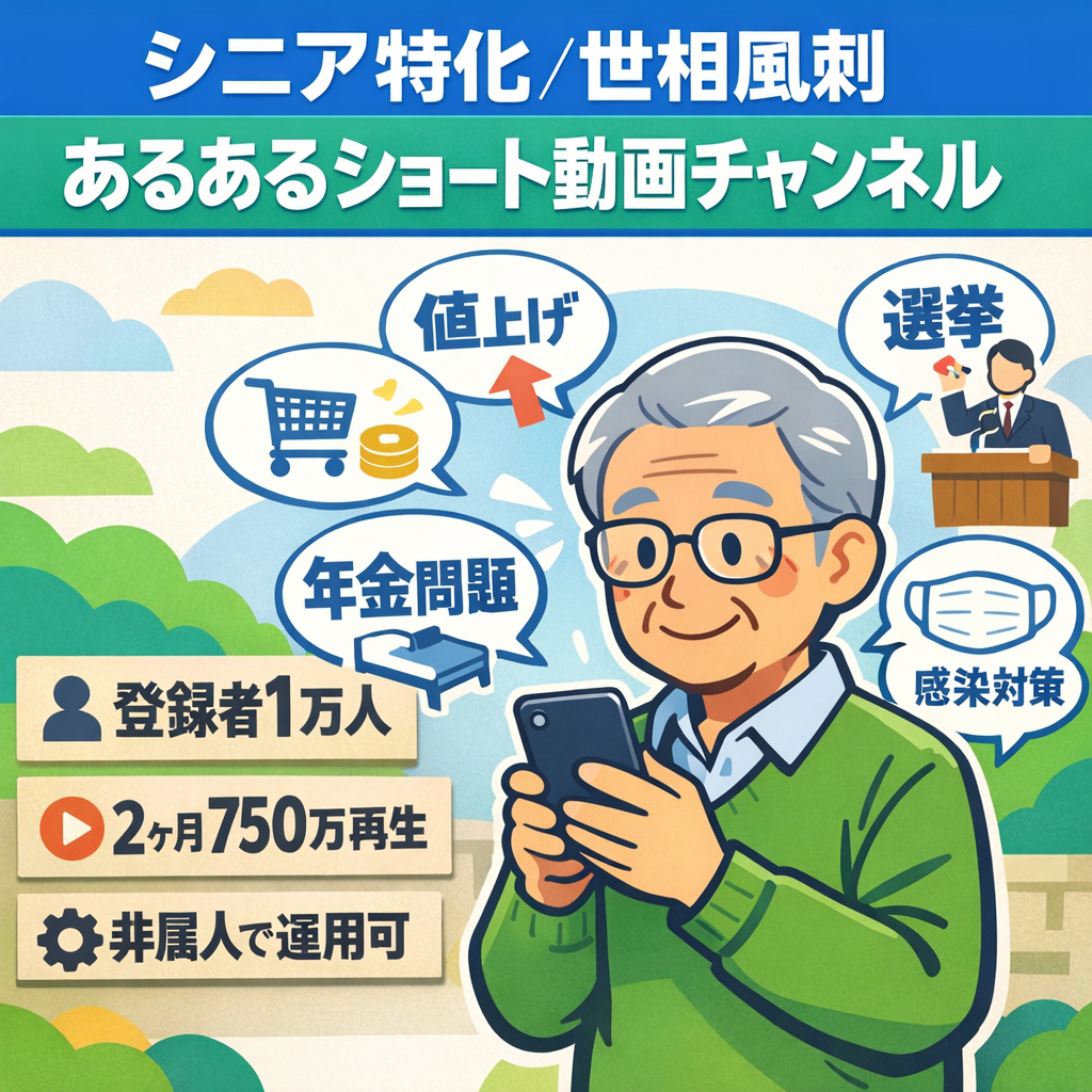 【登録者1万人 シニア層特化】世相風刺・あるあるネタの解説ショート動画チャンネル（視聴者の65％が65歳以上）