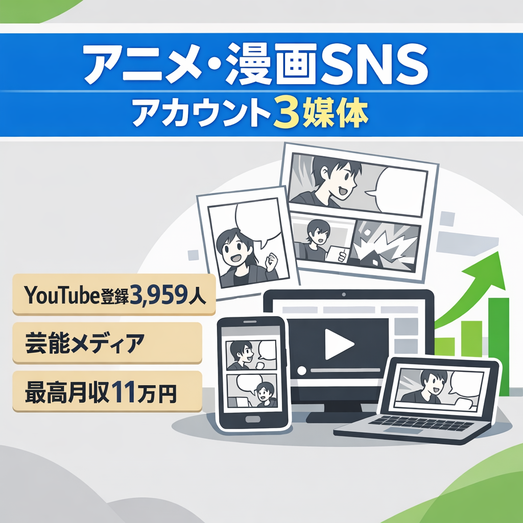 アニメ・漫画SNSメディア｜YouTube登録3,959人＋TikTok551人＋Instagram4人｜SNS3媒体セット｜最高月収11万円