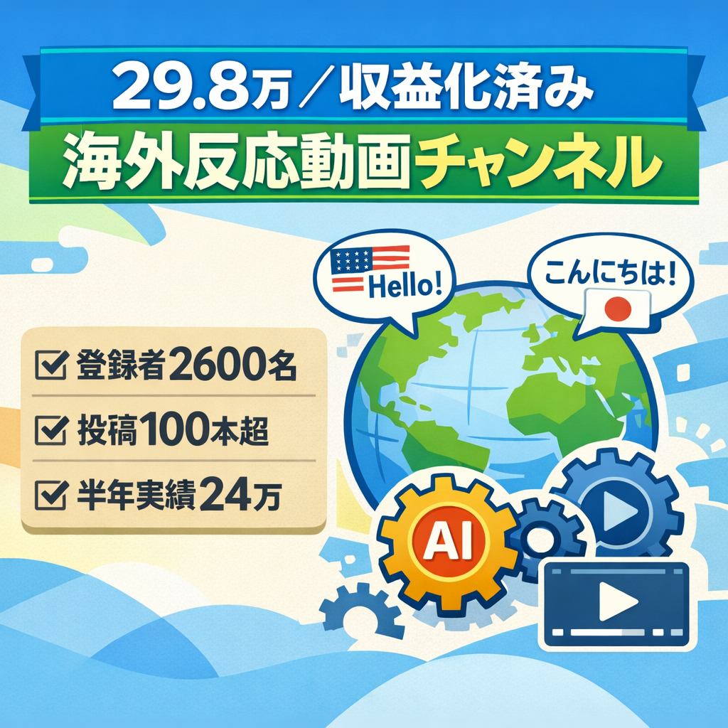 【最終処分価格／29.8万】更新停止中のため譲渡。収益化済み・過去半年24万実績の海外反応系！AIを活用した動画制作マニュアル＆台本プロンプト付属