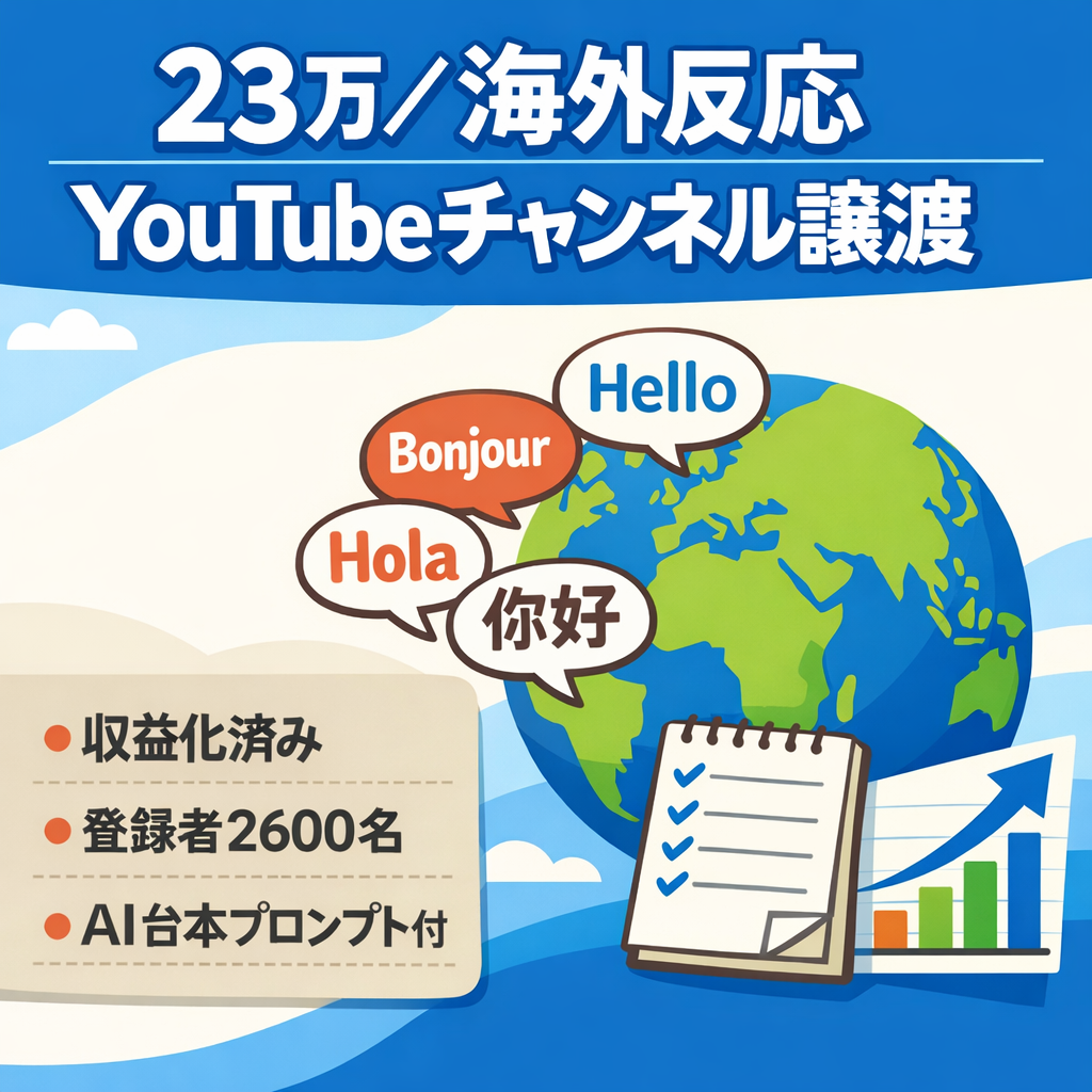 【最終処分価格／23万】更新停止中のため譲渡。収益化済み・過去半年24万実績の海外反応系！AIを活用した動画制作マニュアル＆台本プロンプト付属