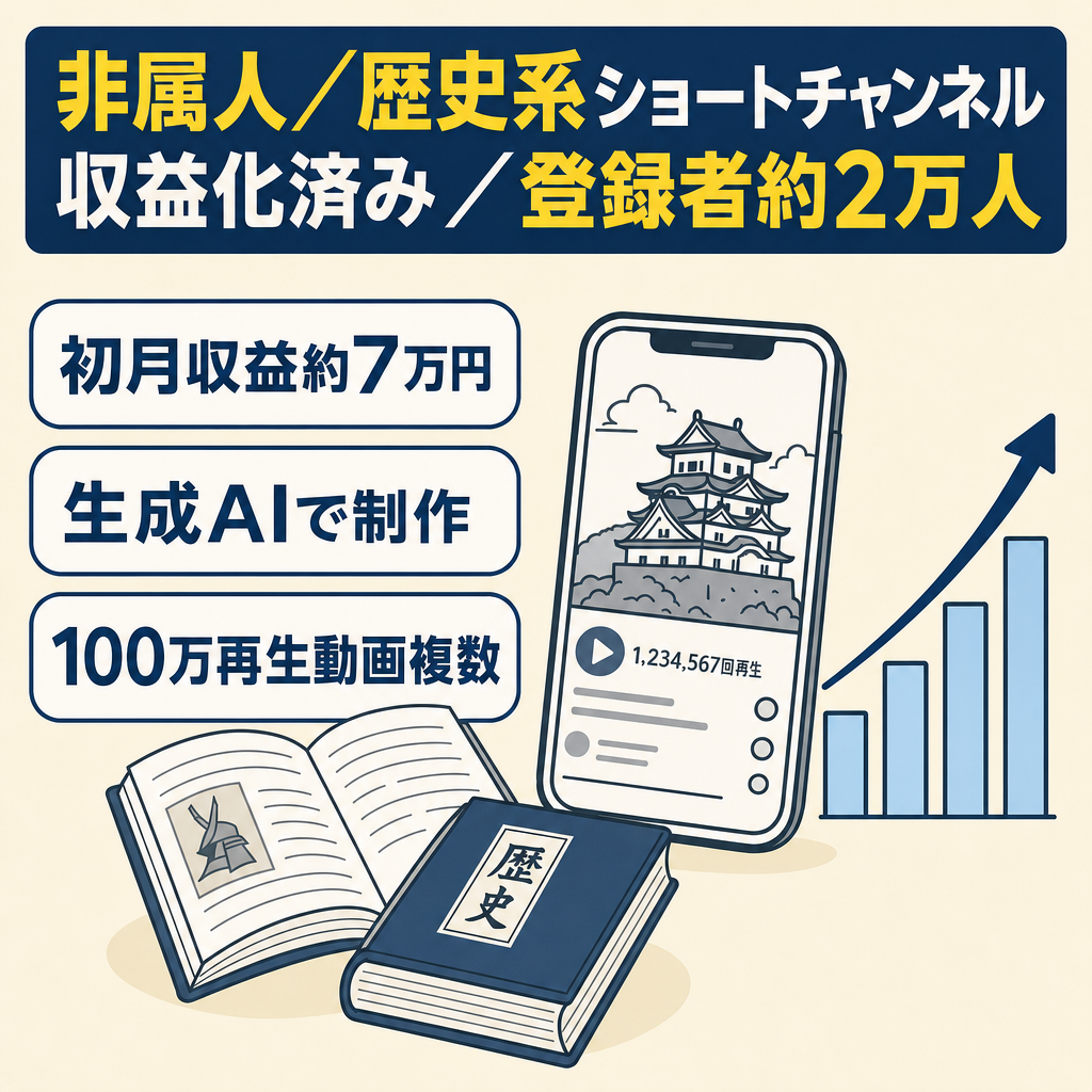 【非属人／歴史系】初月約７万円。登録者約2万人！収益化済みのショート特化・シニア層向けチャンネル
