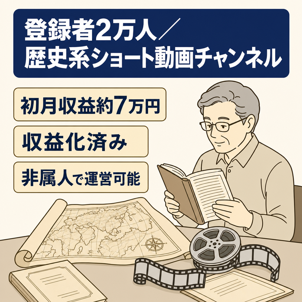【非属人／歴史系】初月約７万円。登録者2万人！収益化済み・シニア層向けチャンネル