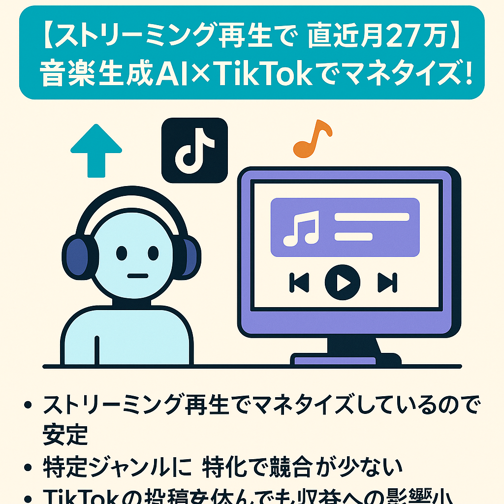 【ストリーミング再生で直近月27万円】音楽生成AI×TikTokでマネタイズ！属人性もなし