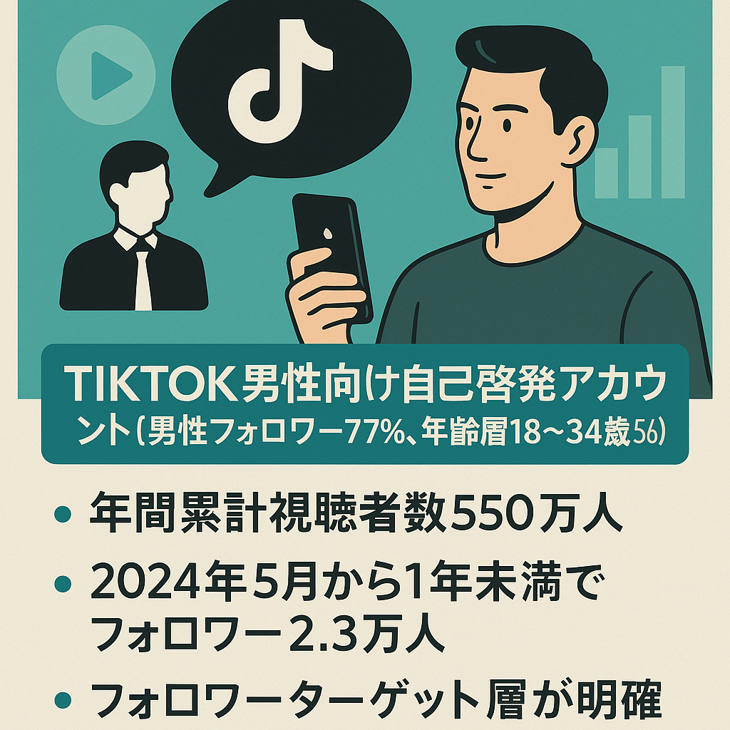 TIKTOK男性向け自己啓発アカウント2.3万人【男性フォロワー77％、年齢層18～34歳56％】