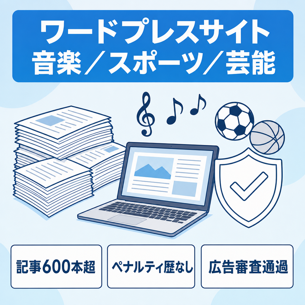 【600記事・WP構築】運用11か月◆ペナルティなし・完全ホワイト◆note連携にも・音楽スポーツ芸能◆