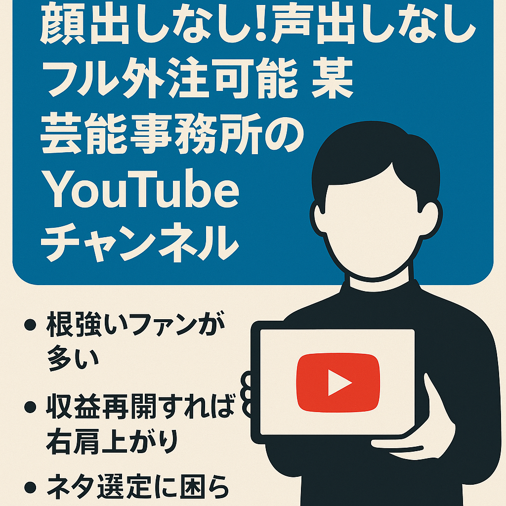 訳あり：【登録者8800人】顔出しなし！声出しなし！フル外注可能！某芸能事務所のYouTubeチャンネル