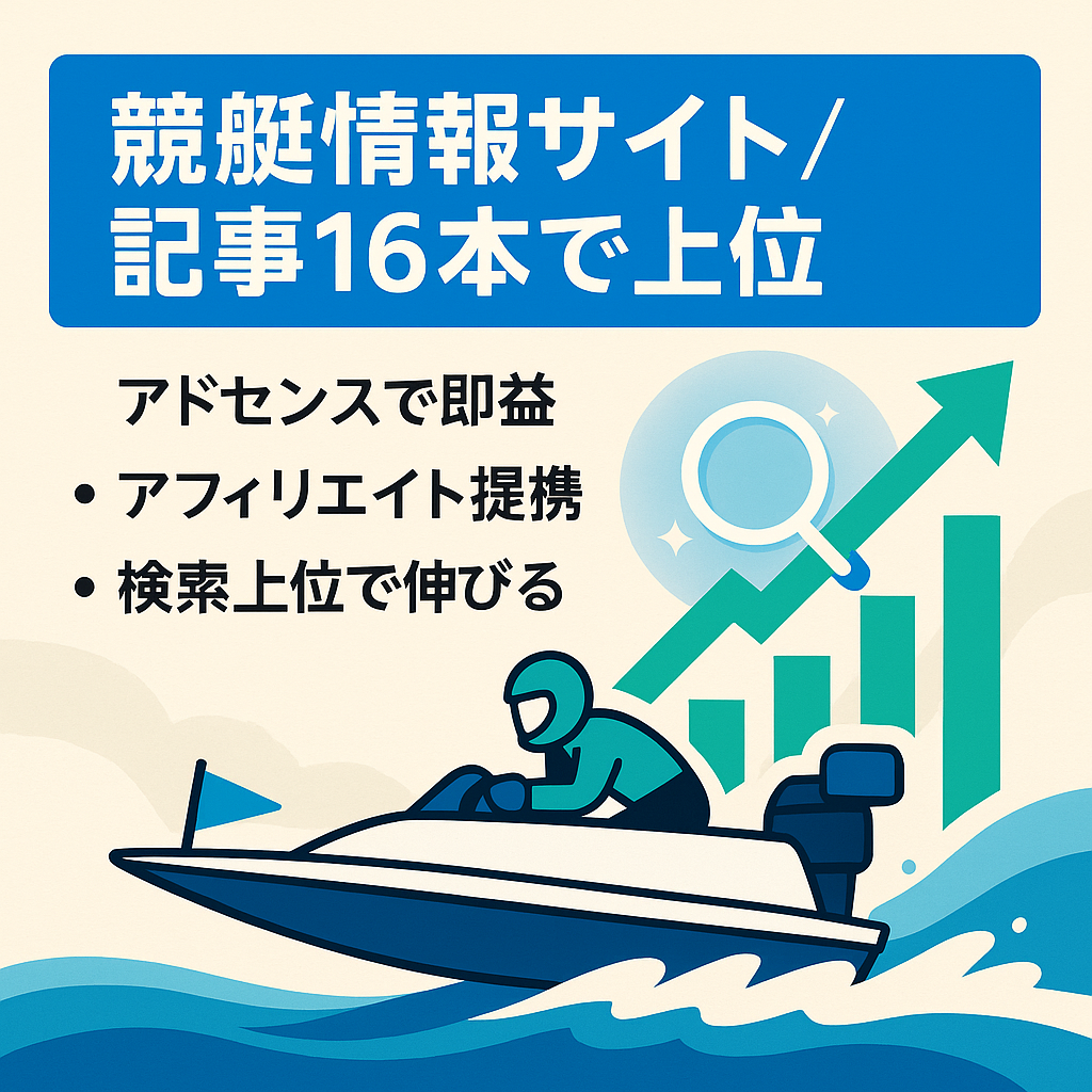 【競艇情報サイト】運営歴1年・記事数16で上位表示記事多数のまだまだ伸びる/収益性が高い競艇メディア！