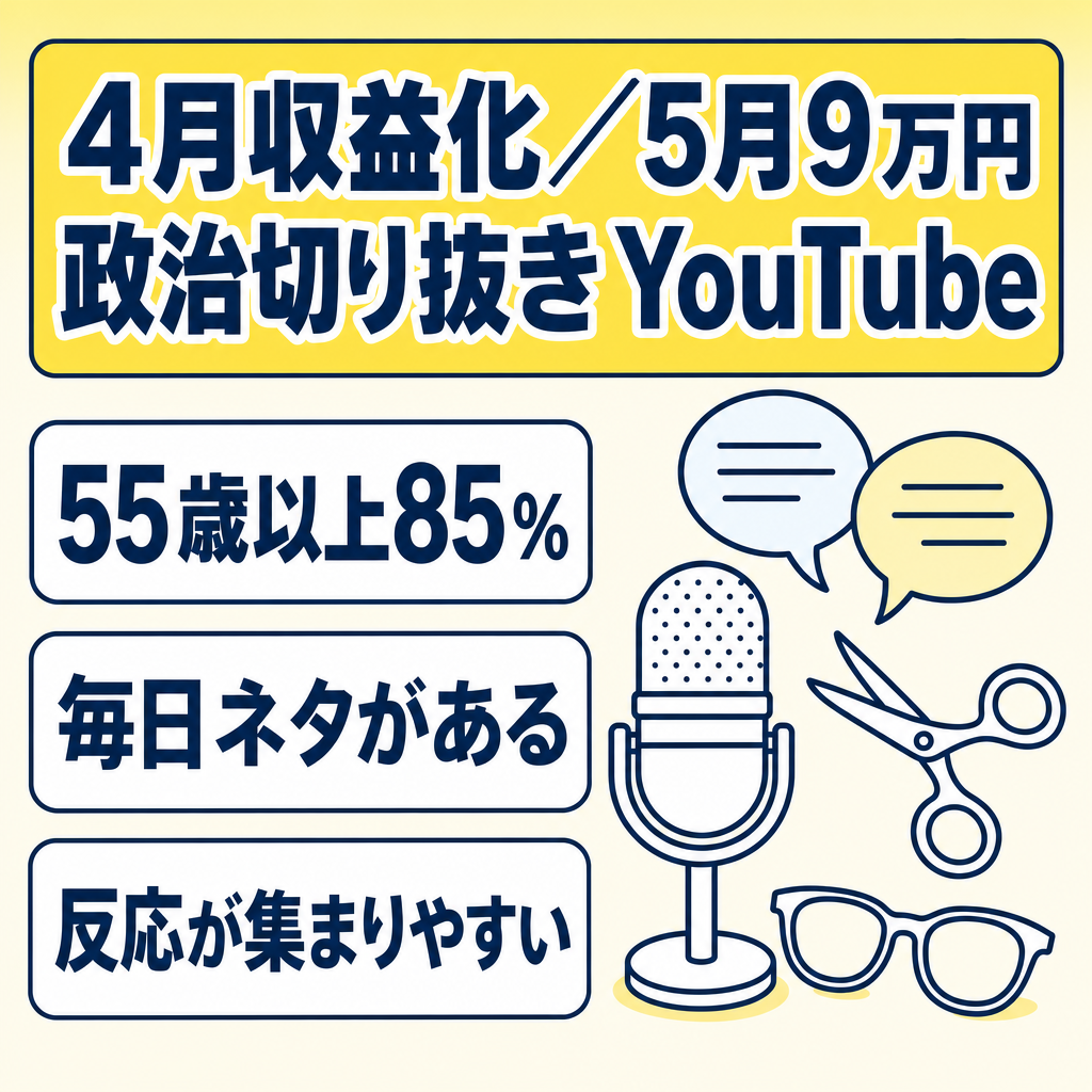 切り抜き：5月:9万円【4月収益化】政治切り取りに関するYOUTUBEチャンネル