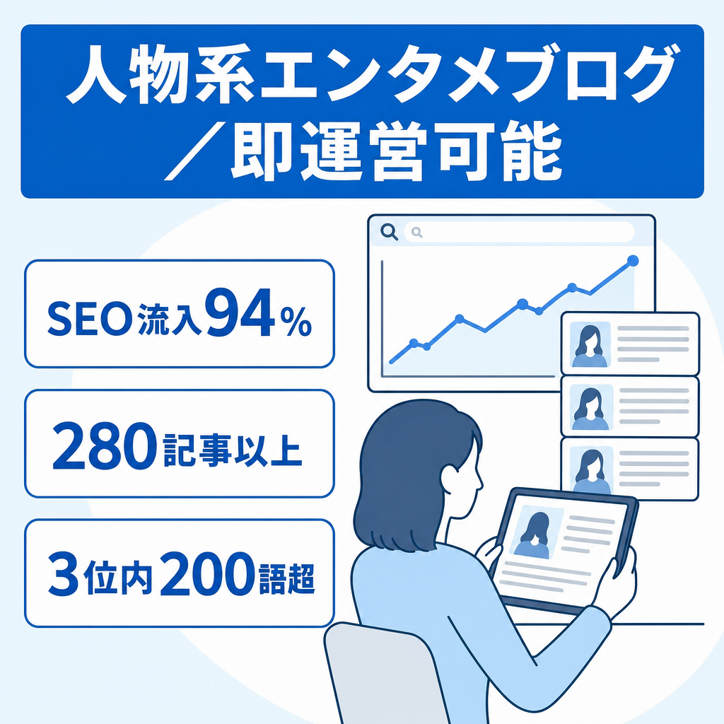 【値下げ】芸能人や歌手・スポーツ選手・企業人等の人物系エンタメブログ/SEO検索流入94％/インデックス早め/属人性なし即運営可能