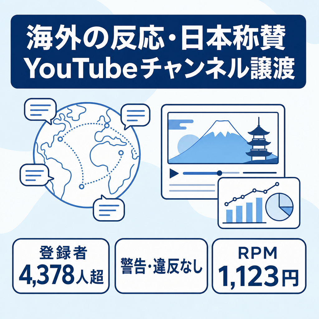 【登録者4,378人超え！】海外の反応日本称賛系YouTubeチャンネルの譲渡【警告・違反なし】