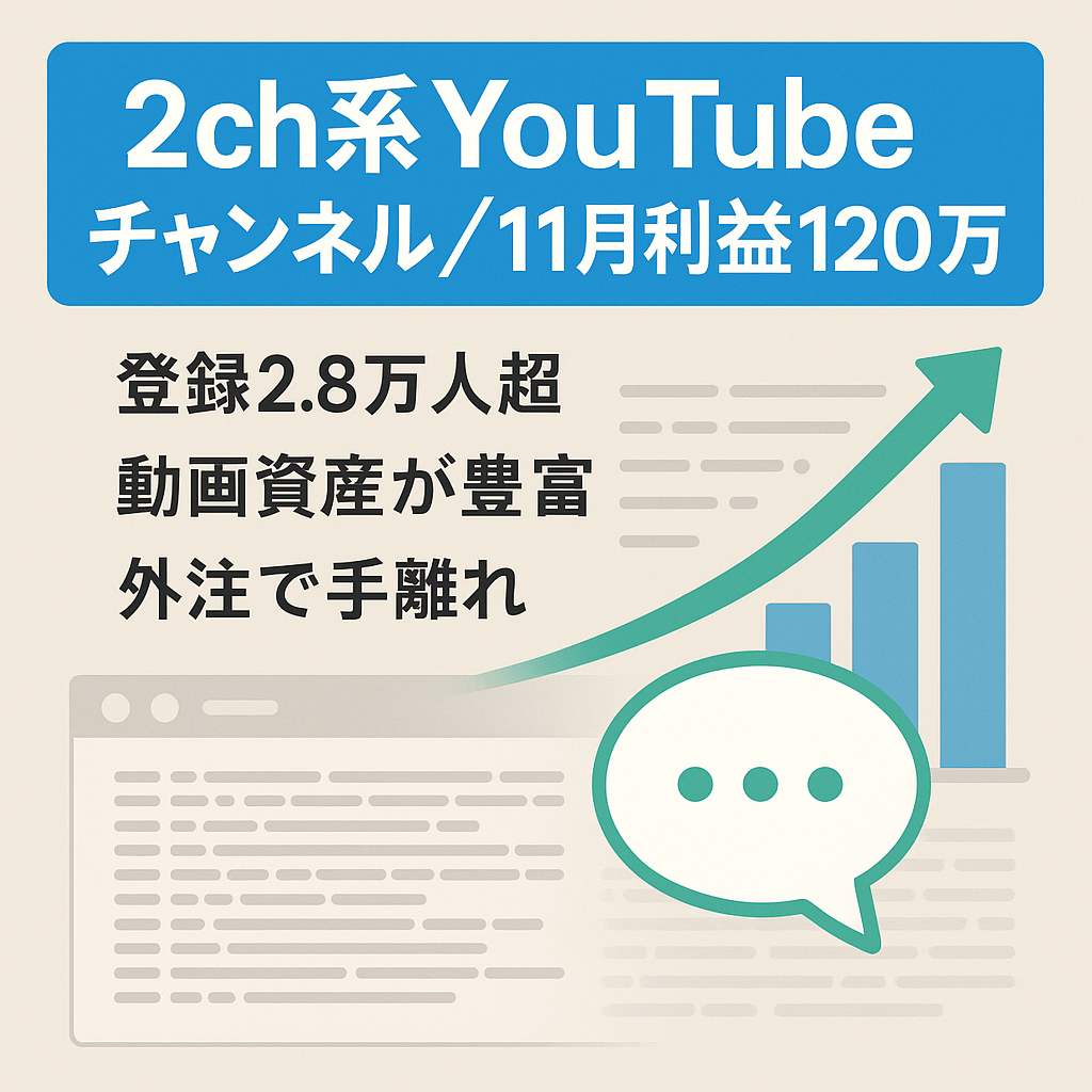 ジャンル優位性あり！【登録者数2.8万人以上】2chYouTubeチャンネル【11月営業利益120万円】外注可能
