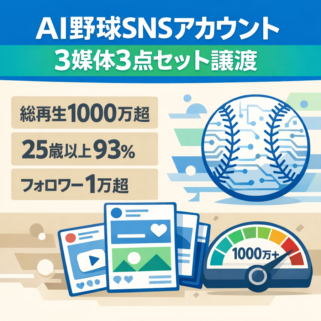 【総再生数1000万回超え】AI野球系SNSアカウント3点セット（YouTube・Instagram・TikTok）