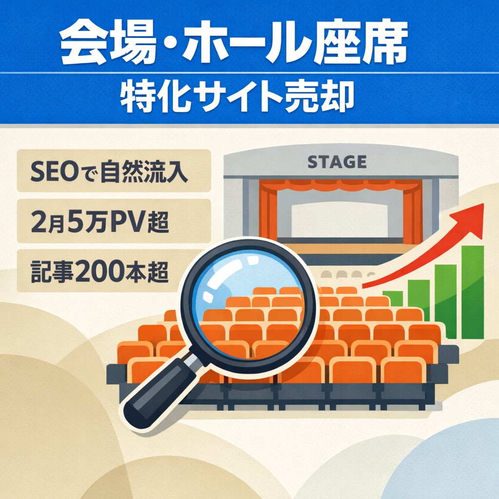 【会場・ホールの座席特化サイト】SEO対策済みで自然流入|平均掲載順位7.78(2026.1時点)