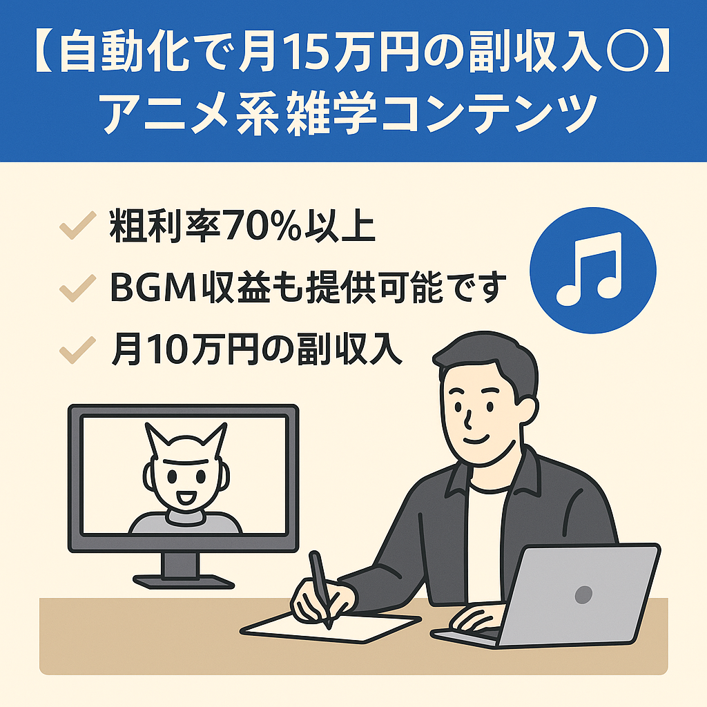 【自動化で月15万円の副収入◎ 】台本60本プレゼント！/ 非属人アニメ系雑学 / オリジナルBGM100%引き継ぎ / 登録者数約1.5万人 / 粗利率70%以上！