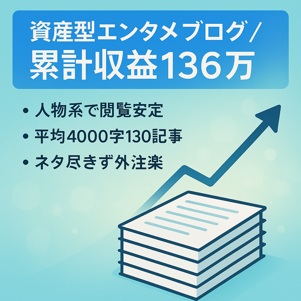 【累計収益136万】資産型エンタメブログでネタが尽きずアクセス売上良好｜記事数を増やすことで収益UPを見込める＆外注しやすい｜