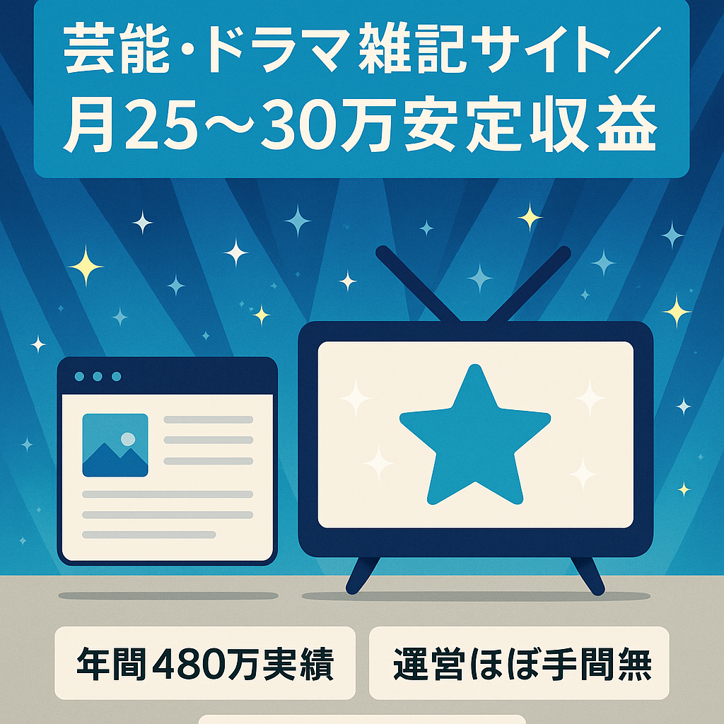 【芸能系・ドラマ系を中心とした雑記サイト】月25～30万円の安定収益有り ※定期メンテナンスでアプデの影響なし！