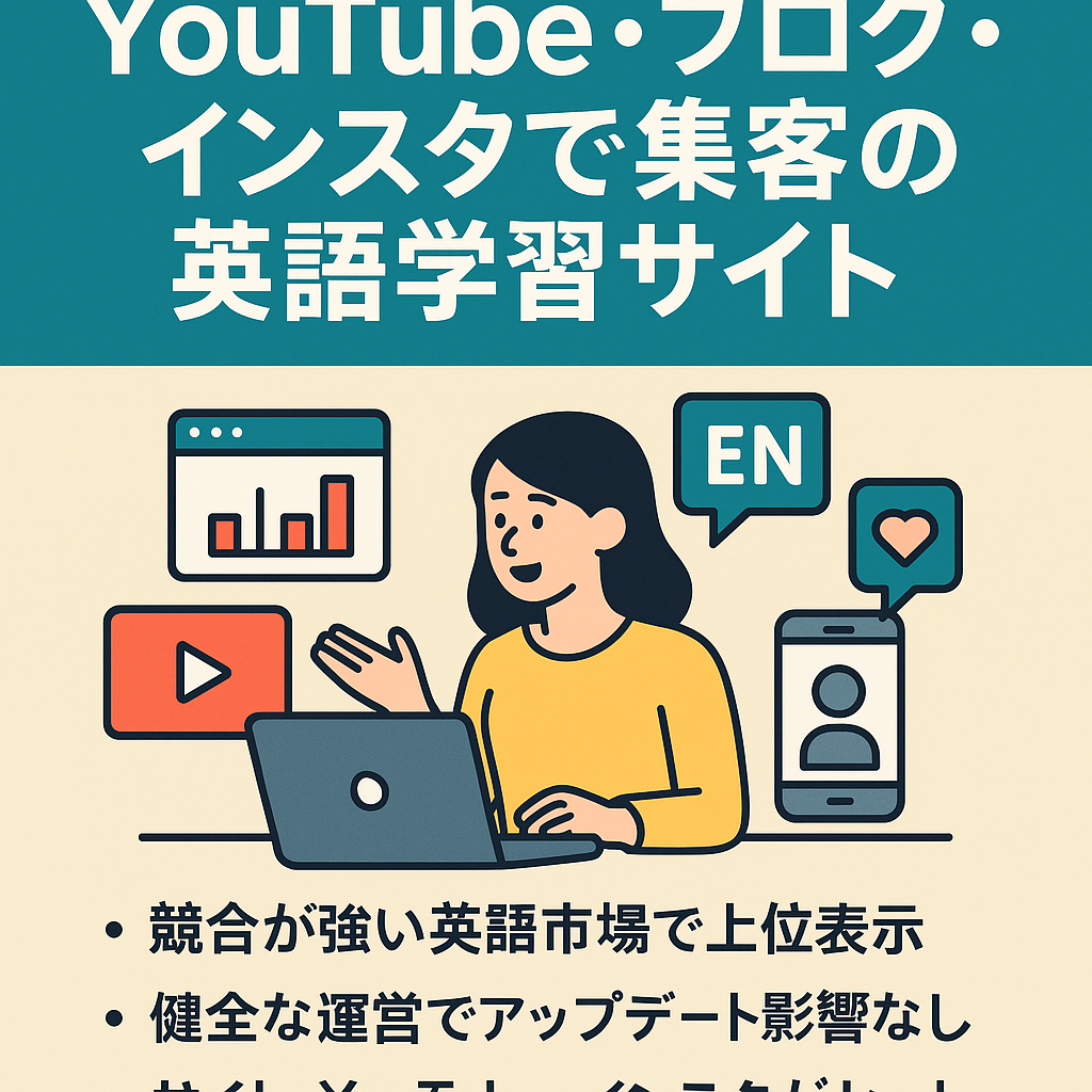 YouTube2.5万人、ブログ1万PV、インスタ1,600人、SEOとSNS両軸で集客ができている英語学習サイト