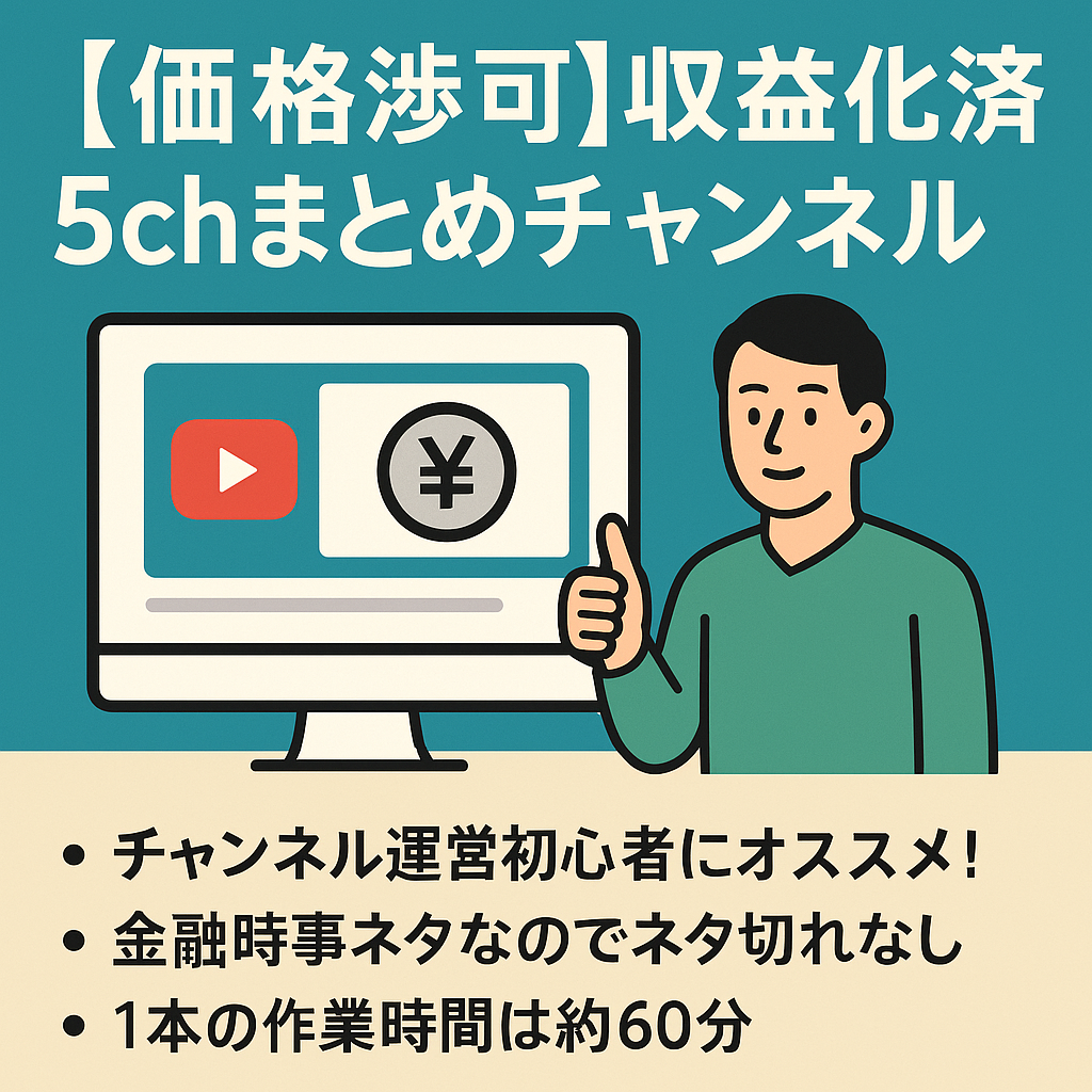 【価格交渉可】収益化済/登録者4000人超え/属人性なし！お金系5chまとめチャンネル