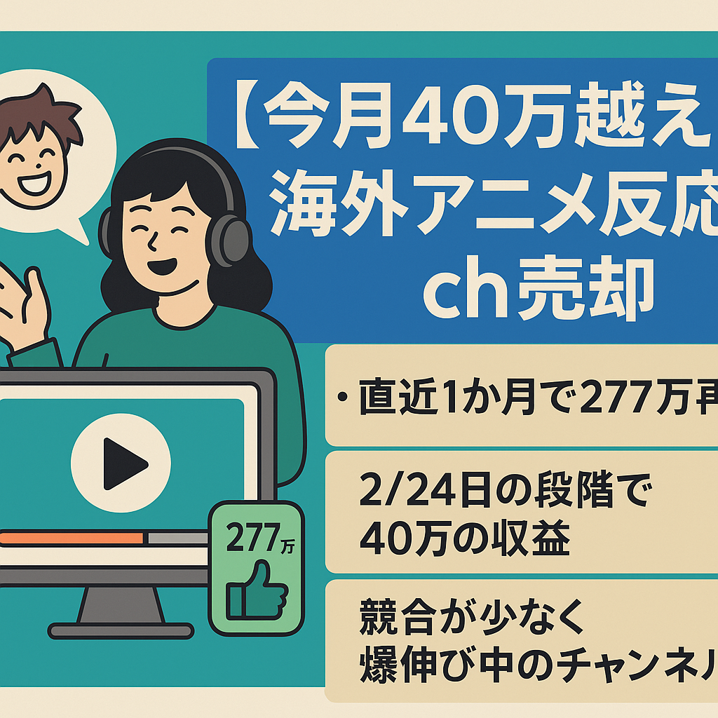 【今月40万越え】投稿本数93本で登録者1万人弱の海外のアニメの反応切り抜きch売却