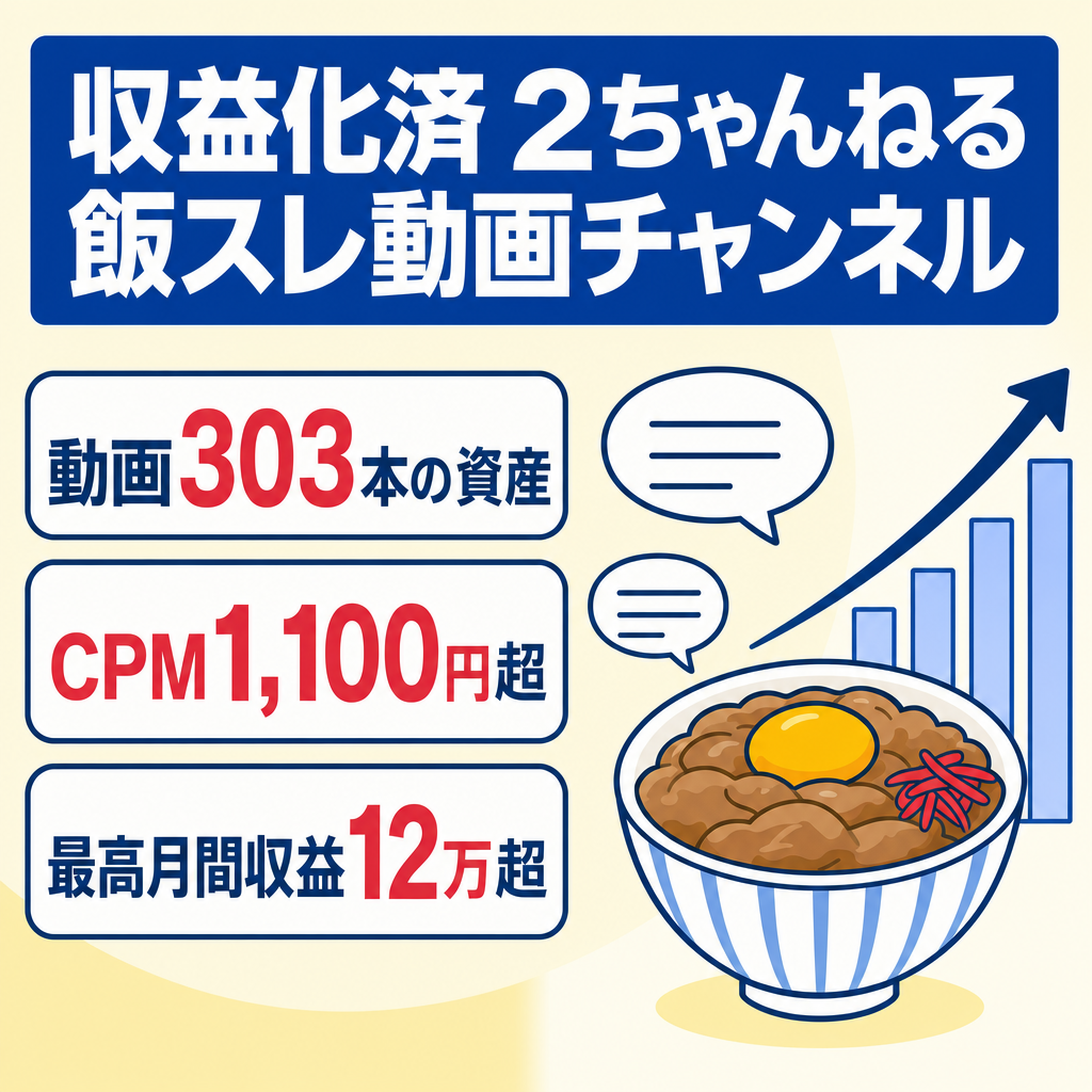【収益化済】動画300本超・CPM1,100円超の高単価「2ch飯スレ」チャンネル