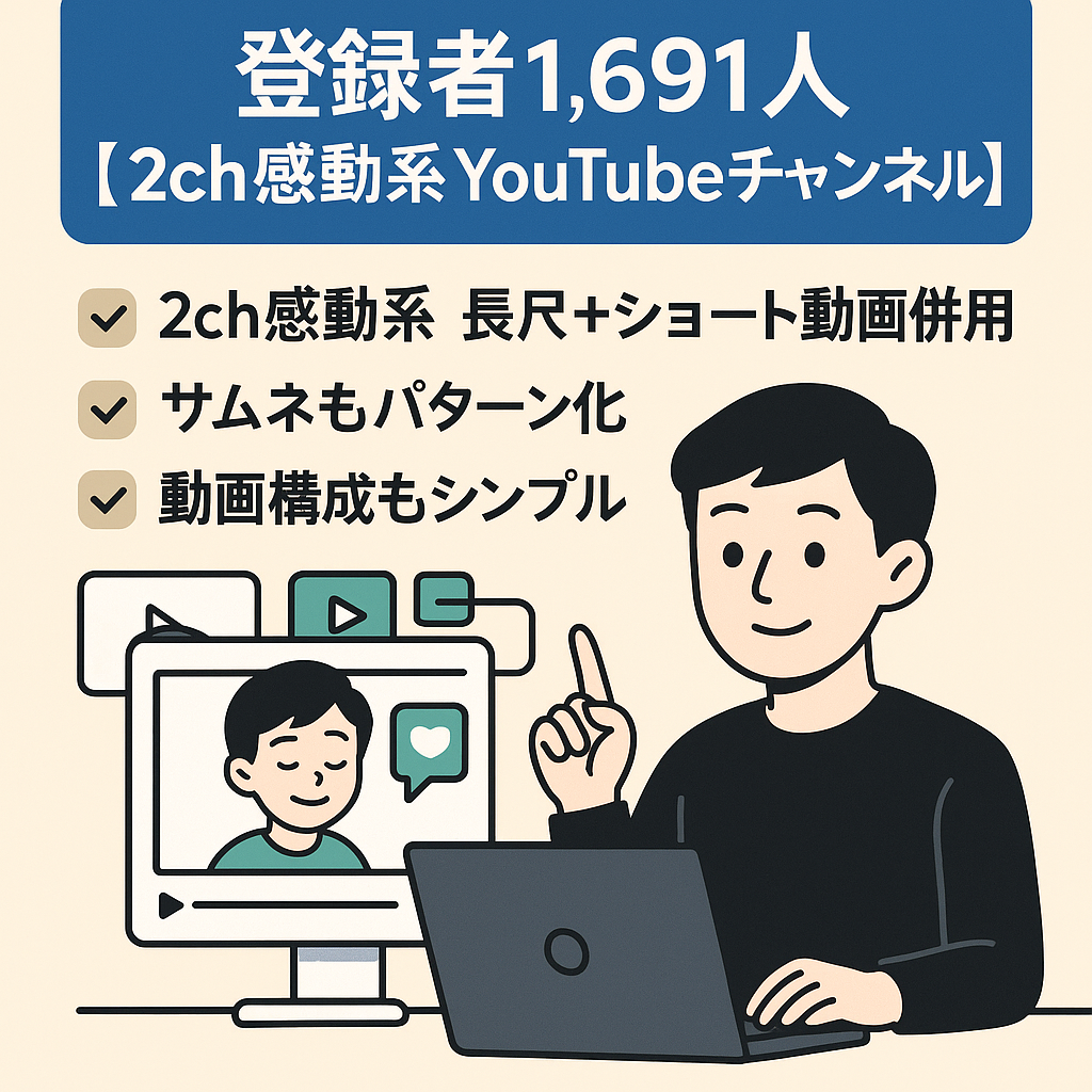 登録者1,691人【属人性なし・収益化済み｜2ch感動系youtubeチャンネル】約1カ月で収益化達成！時間が掛からない簡単な動画構成のチャンネル！