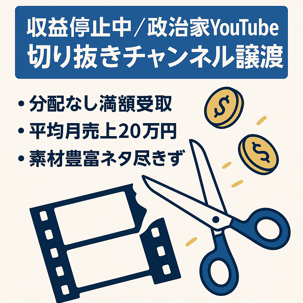 【訳あり/収益停止中/最高月収50万/属人性なし】某人気政治家YouTubeの切り抜きチャンネル譲渡【収益全て受け取り可能】