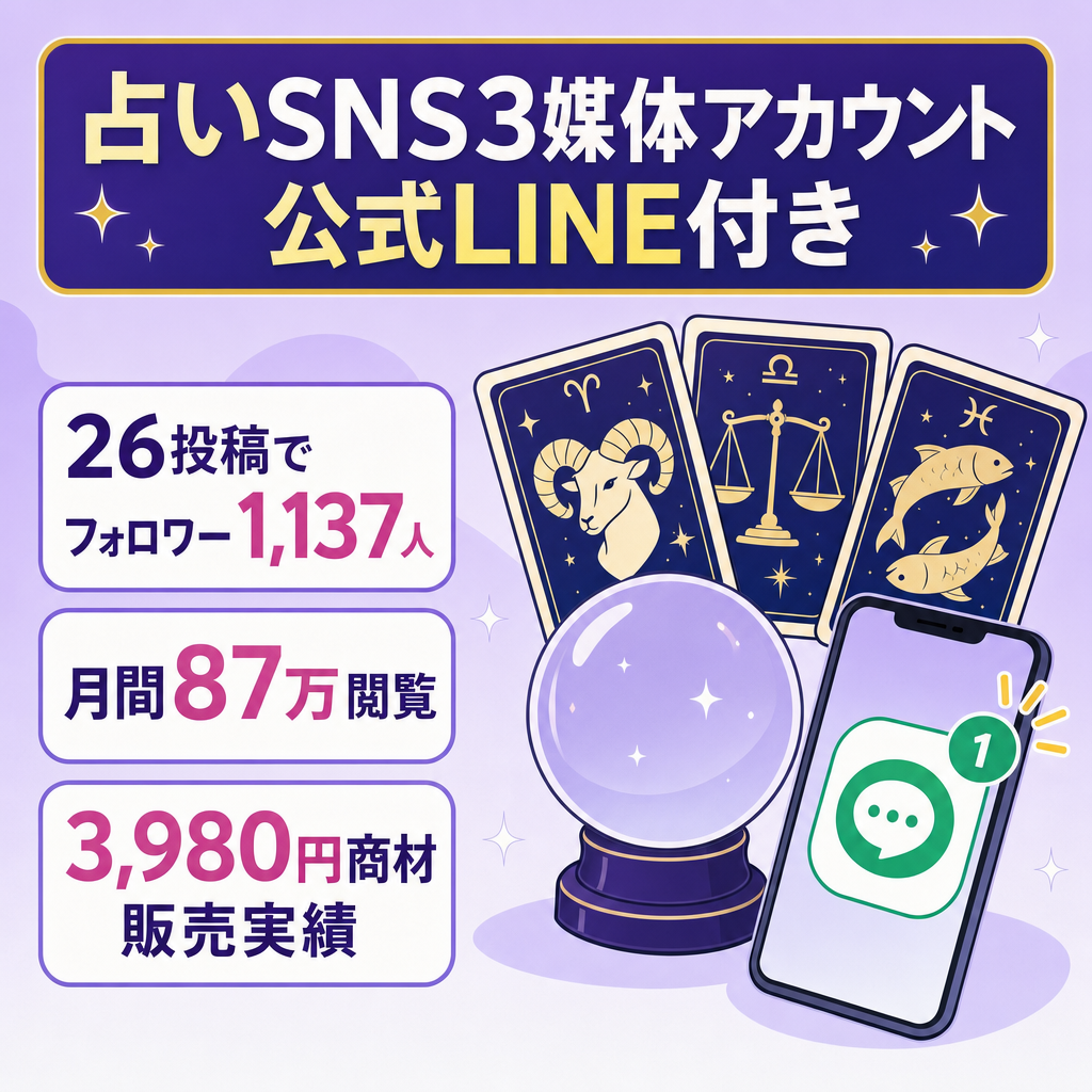 【SNS3媒体＋公式LINE】占いアカウント｜Instagram月間87万閲覧・フォロワー1,137人｜3,980円商材の販売実績あり
