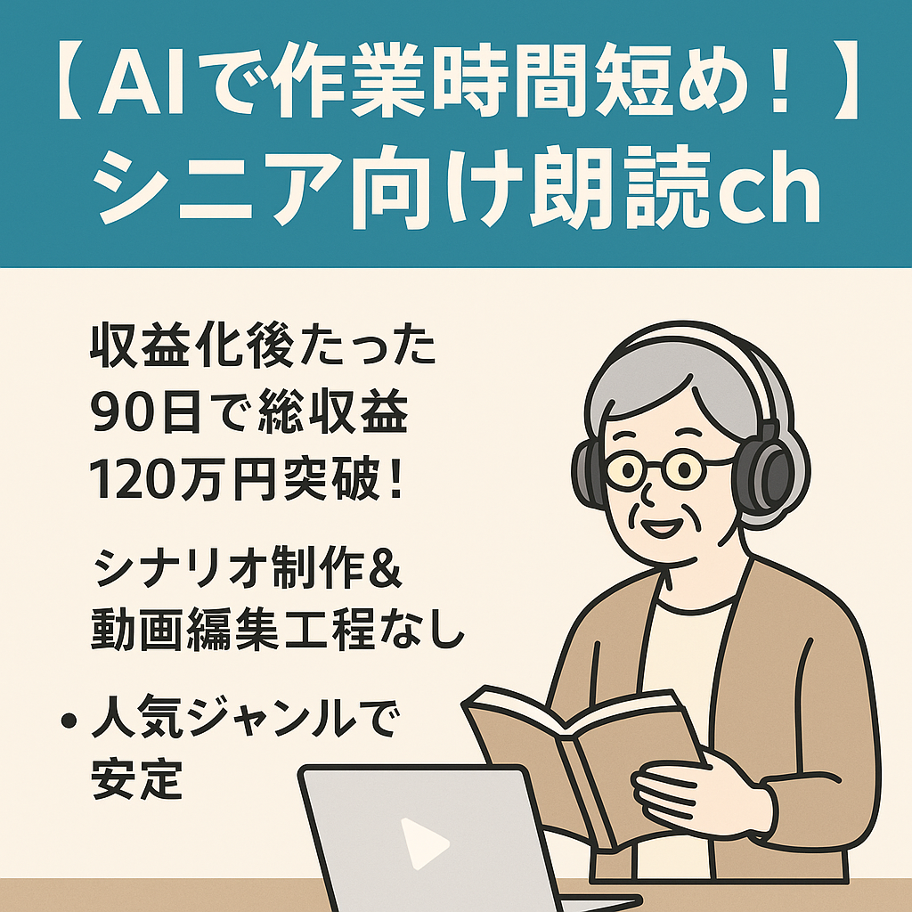 【AIで作業時間短め！】非属人化 / 3ヶ月目で総額120万円の収益で安定 ！シニア向朗読ch / マニュアルあり / 登録者5000人超え！