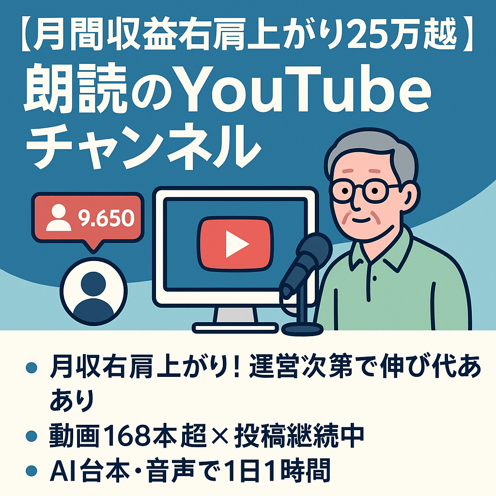 【月間収益右肩上がり25万越え】9,650人登録の収益化YouTubeチャンネル 60代以上向けスカッと朗読｜ ▶︎完全非属人化 ▶︎1日1時間の半自動運用 ▶︎AI制作プロンプト付属
