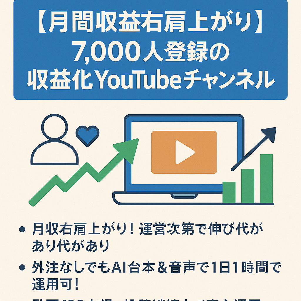 【月間収益右肩上がり】7,000人登録の収益化YouTubeチャンネル 50代以上向け恋愛朗読｜ ▶︎完全非属人化 ▶︎1日1時間の半自動運用 ▶︎AI制作プロンプト付属