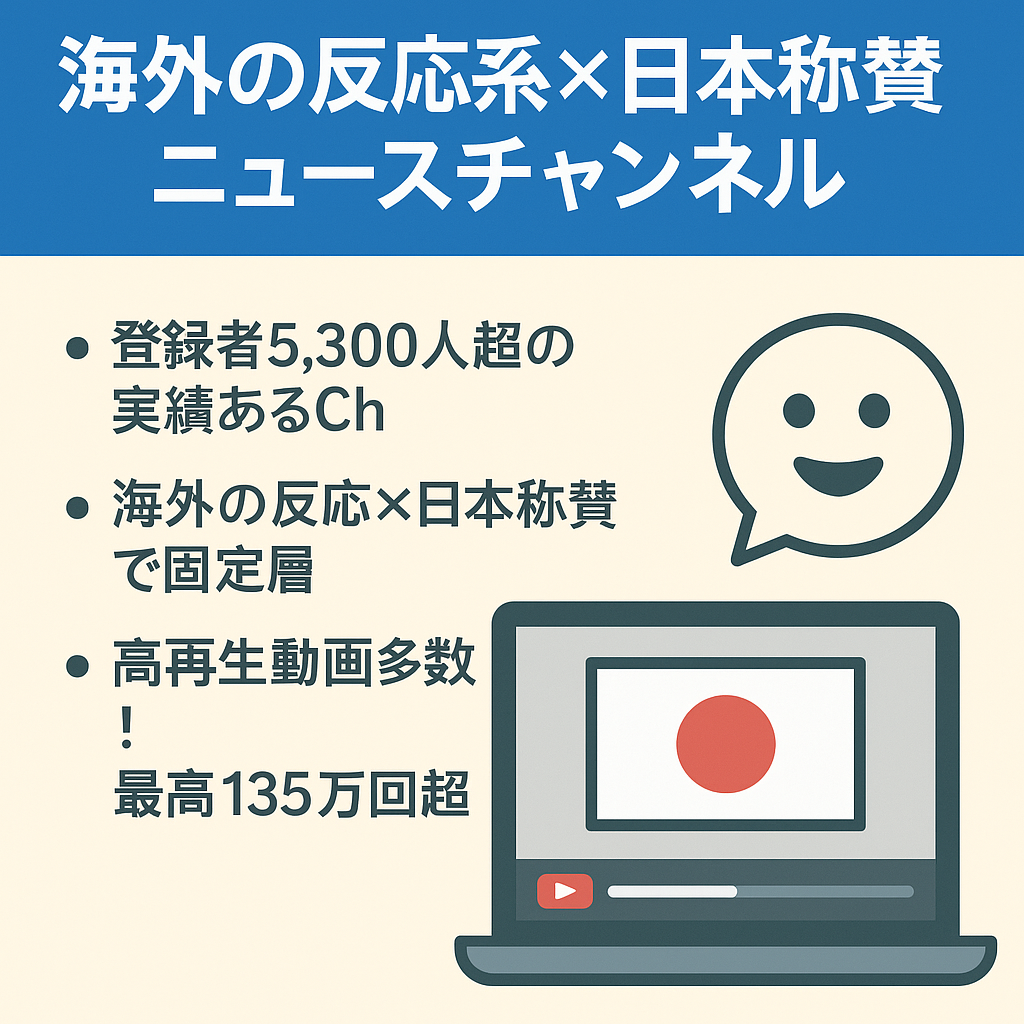 訳あり：【登録者5300人】海外の反応系×日本称賛ニュースチャンネル／累計100万回再生超え／更新停止中